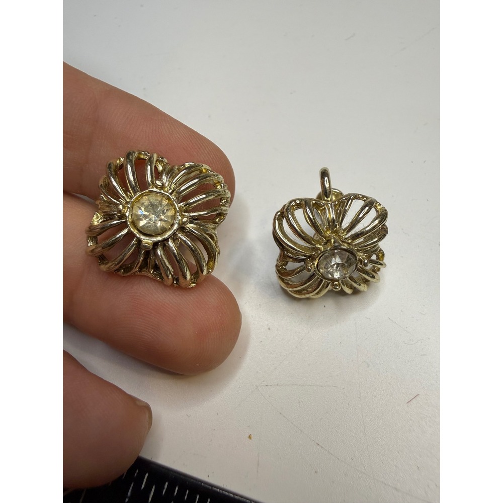 Vintage Gold Tone Clear Rhinestone Openwork Wire Cage Screw Back Earrings